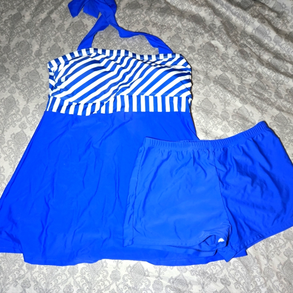 Blue and White Striped Swimsuit Set